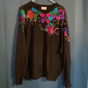 Vintage Mister Noah Plus Black Floral Sequined Sweater